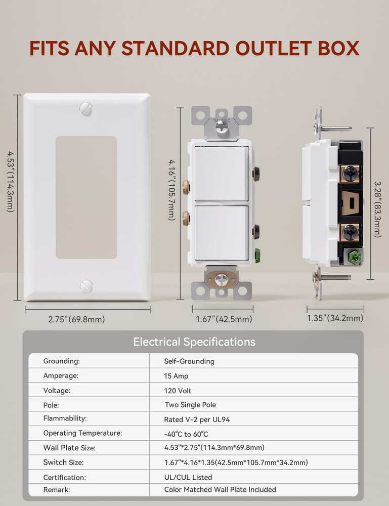 AIDA Single Pole Double Paddle Rocker Decorator Light Switch, 15 Amp Self-gro...