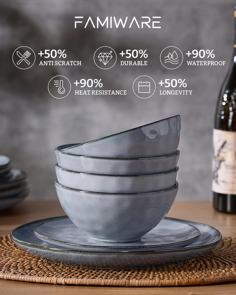 Dinnerware Sets for 4, Ocean round 12-Piece Kitchen Plates and Bowls Sets, React