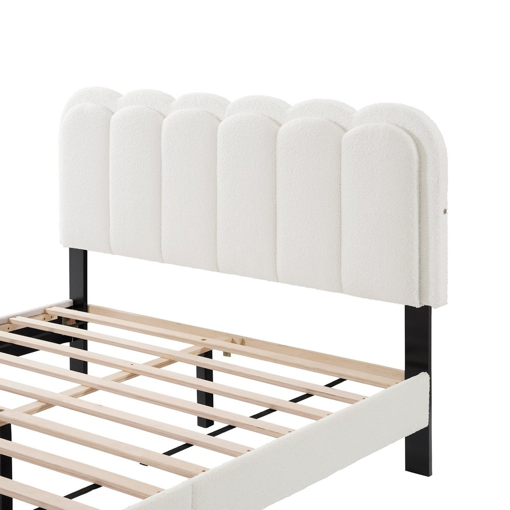 Full/Queen Size Platform Bed Frame w/ Upholstered Headboard & LED Light White