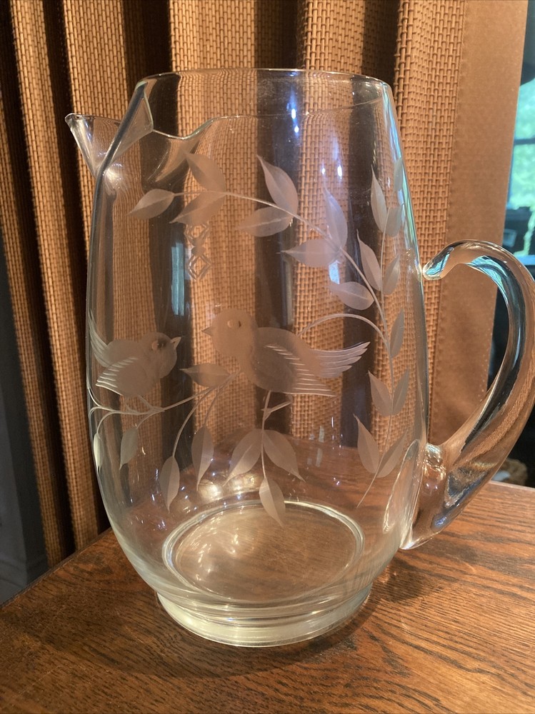 Pitcher 2.5 Quart Clear Glass With Ice Lip Etched Birds on Branches