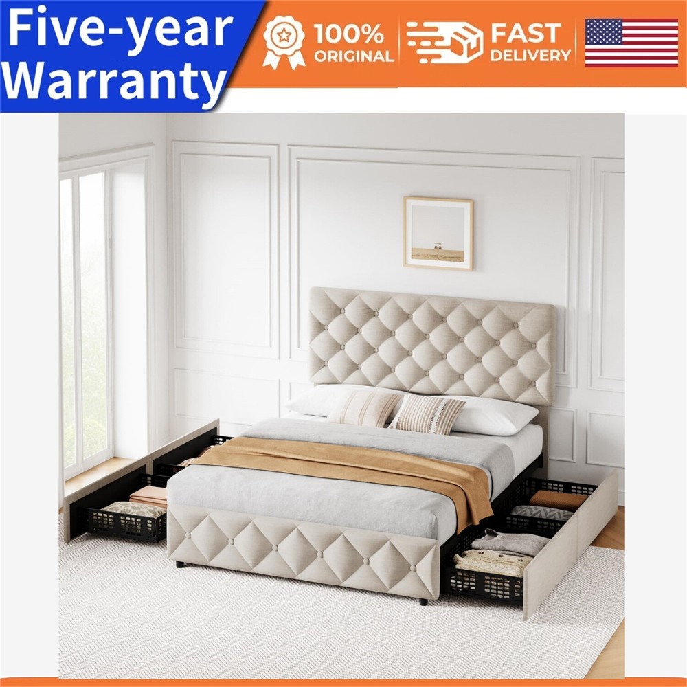 4 Storage Drawers and Headboard Full Size Bed Frame Linen Upholstered Platform