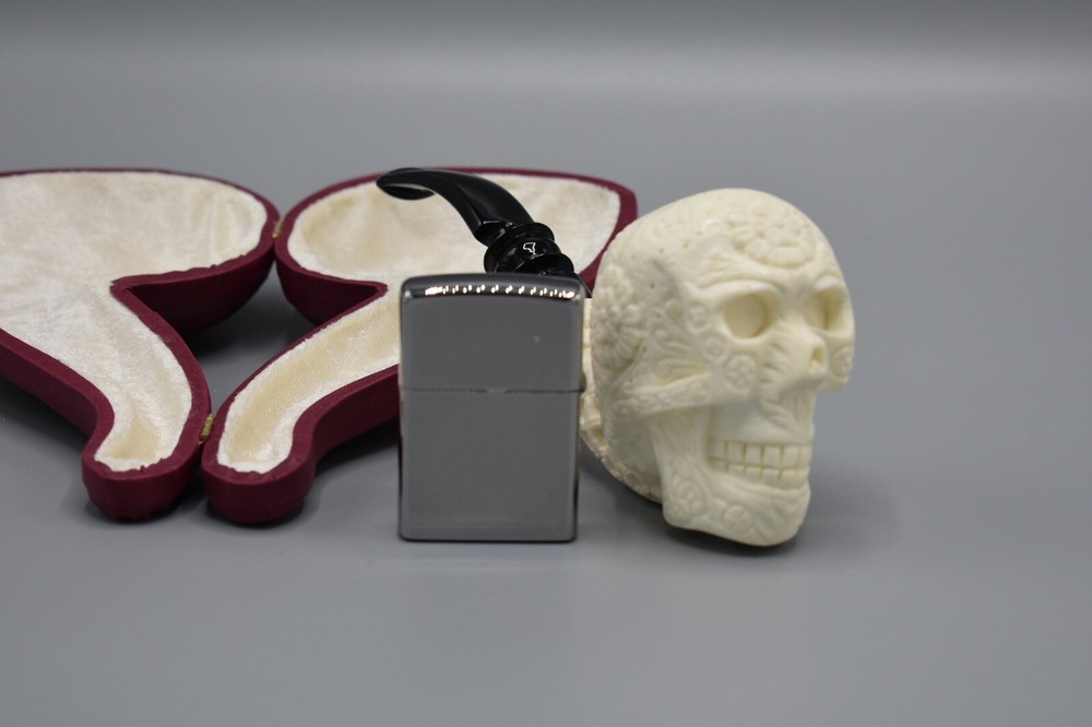 Sugar Skull Pipe New Block Meerschaum Handmade With Custom Made Case#1237