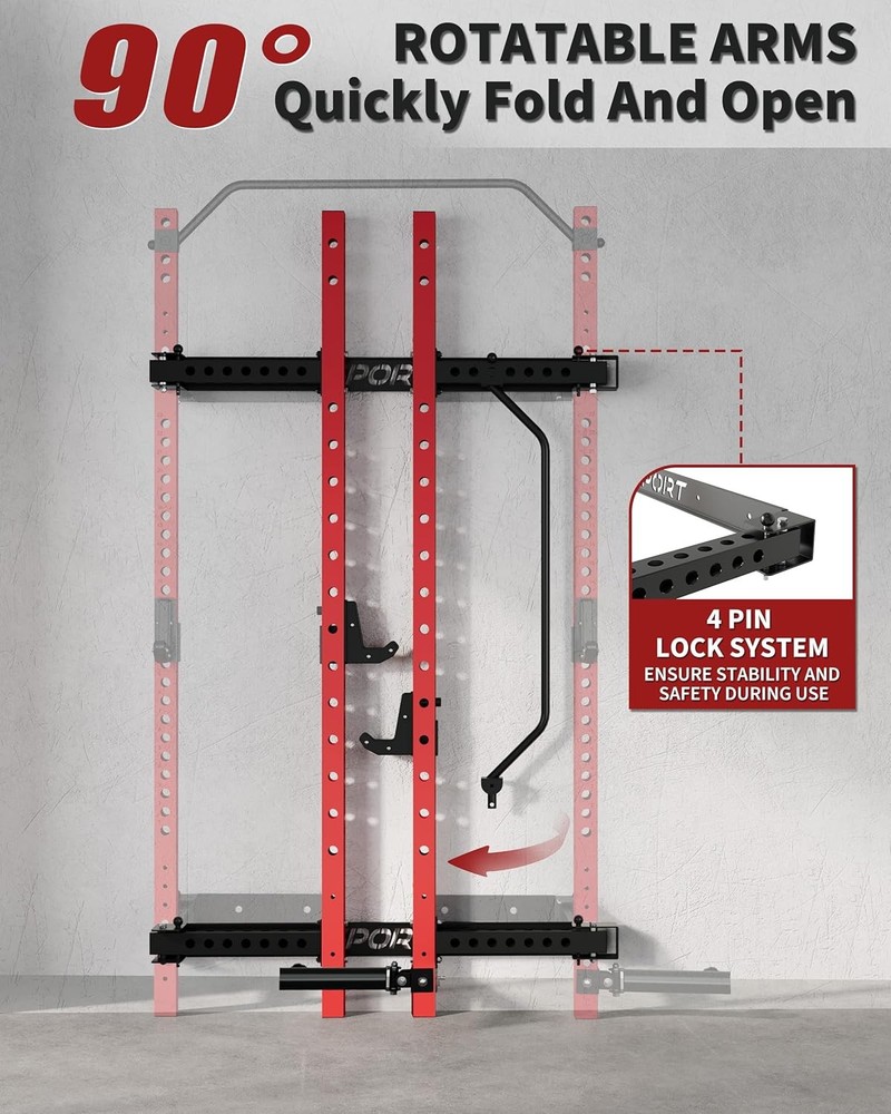 1000LBS Capacity Folding Wall-Mounted Squat Rack W/ Pull-Up Bar J-Hooks&Landmine