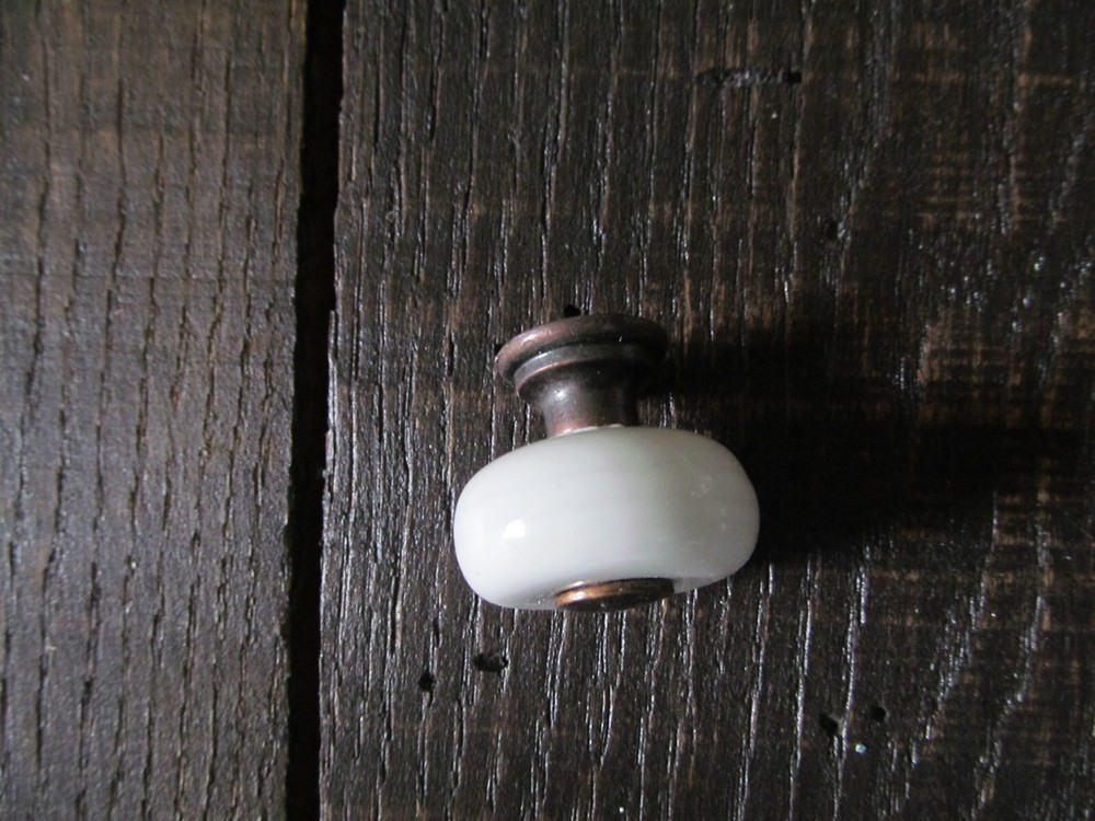 VTG White Ceramic Porcelain & Brass Knob Cabinet Pull Handle 7/8" Button