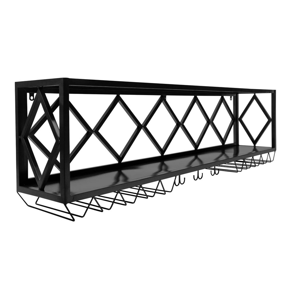 Wall Mounted Wine Rack Mugs Hanger Goblets Holder Storage Shelf Black