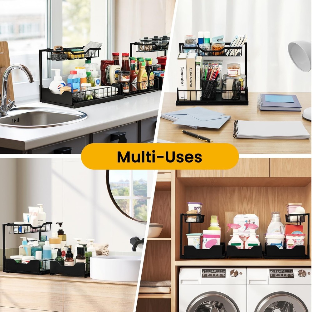 3 Pack, Under Sink Organizer 2-Tier with Slide Out Lower Drawer - Metal Pull ...