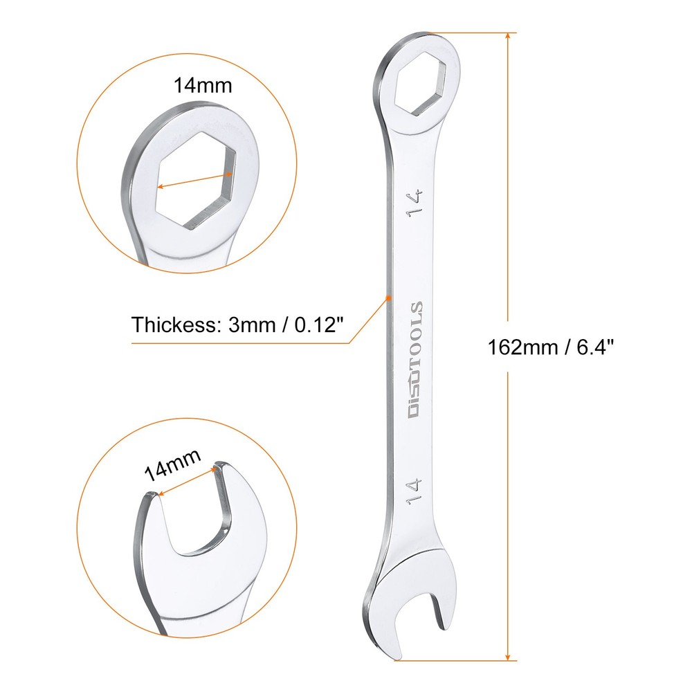 Thin Combination Wrench 14mm 6-Point Chrome Plated Steel Silver