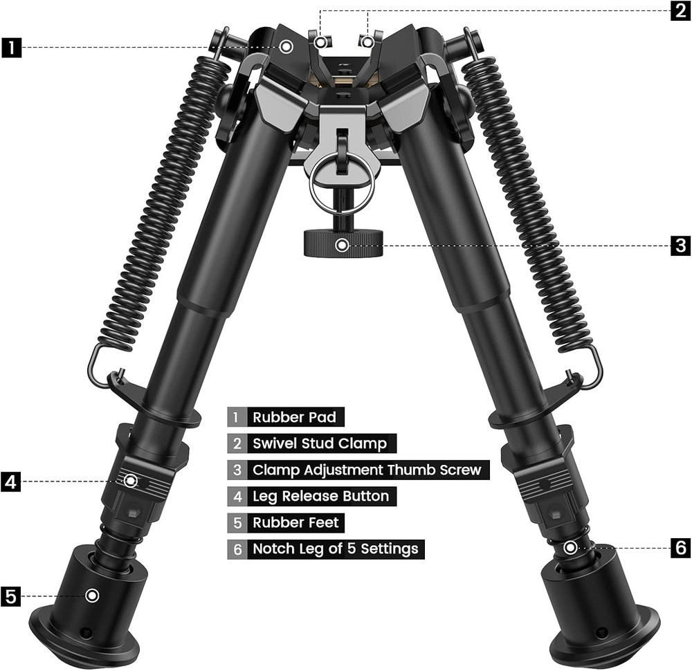 6" to 9" Adjustable Spring Return Hunting Rifle Bipod
