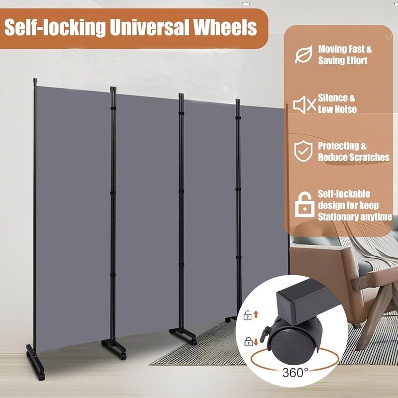 Portable 4 Panel Room Divider Self-locking Rollers Freestanding Privacy Screen