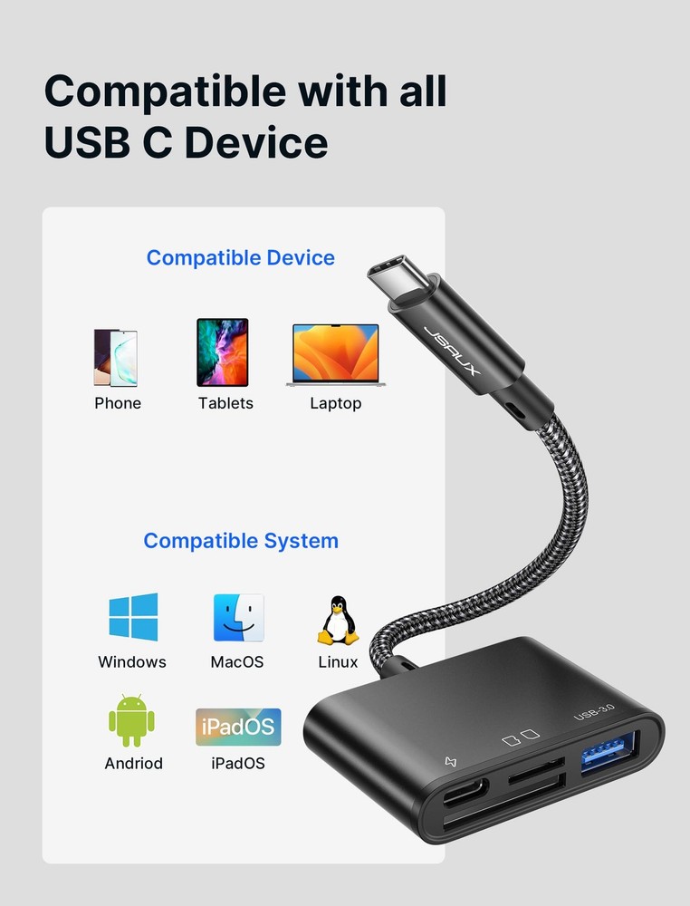 JSAUX 4-in-1 USB-C SD Card Reader - Micro with 4-in-1, Black
