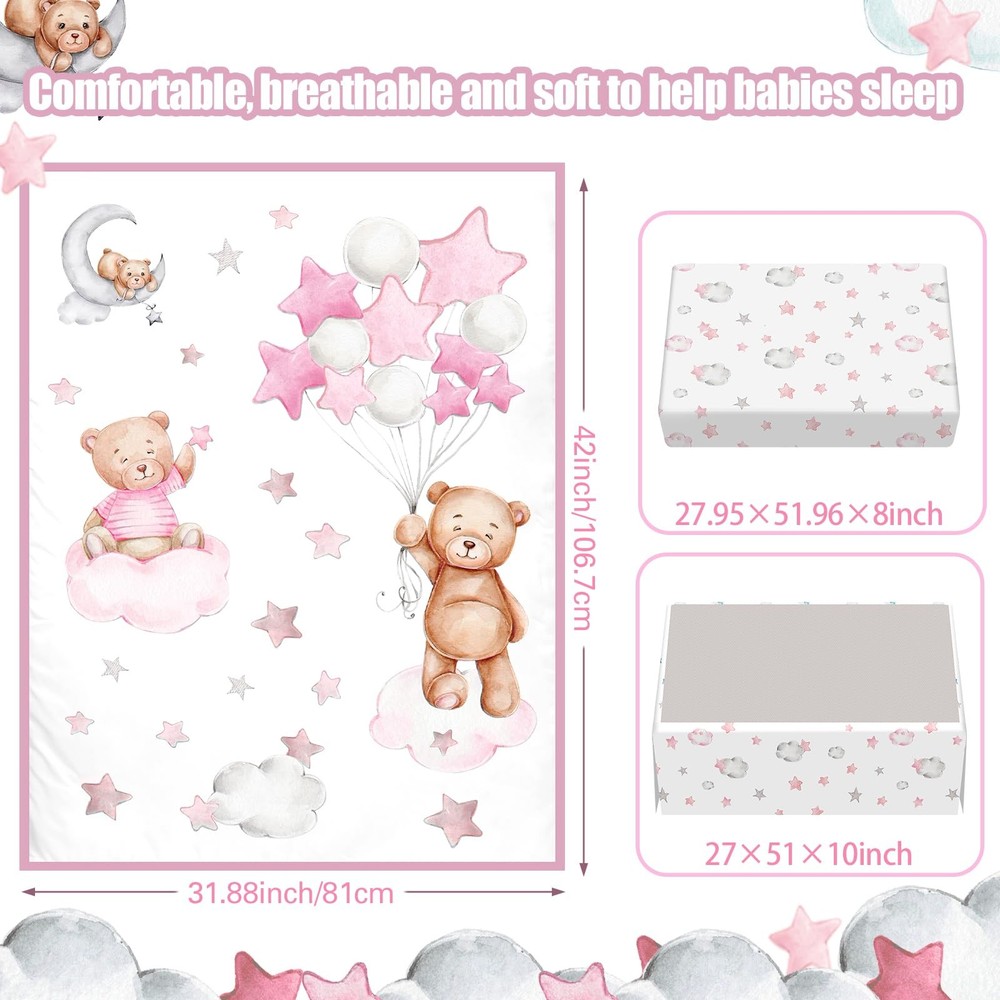 5 Pcs Crib Bedding Set for Toddlers Include Cloud Balloon Bear Theme Crib She...
