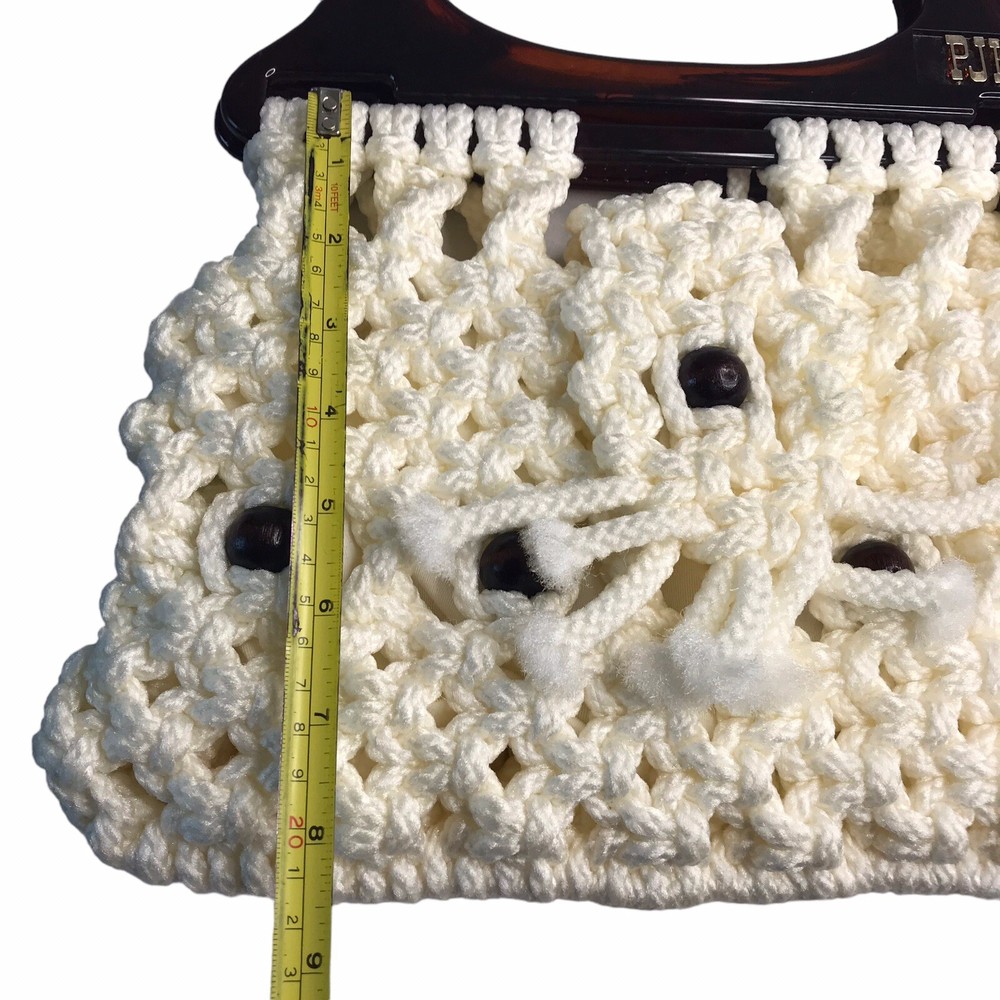 Vintage 70's Macrame Purse Ivory Plastic Handle Initials Boho Chic