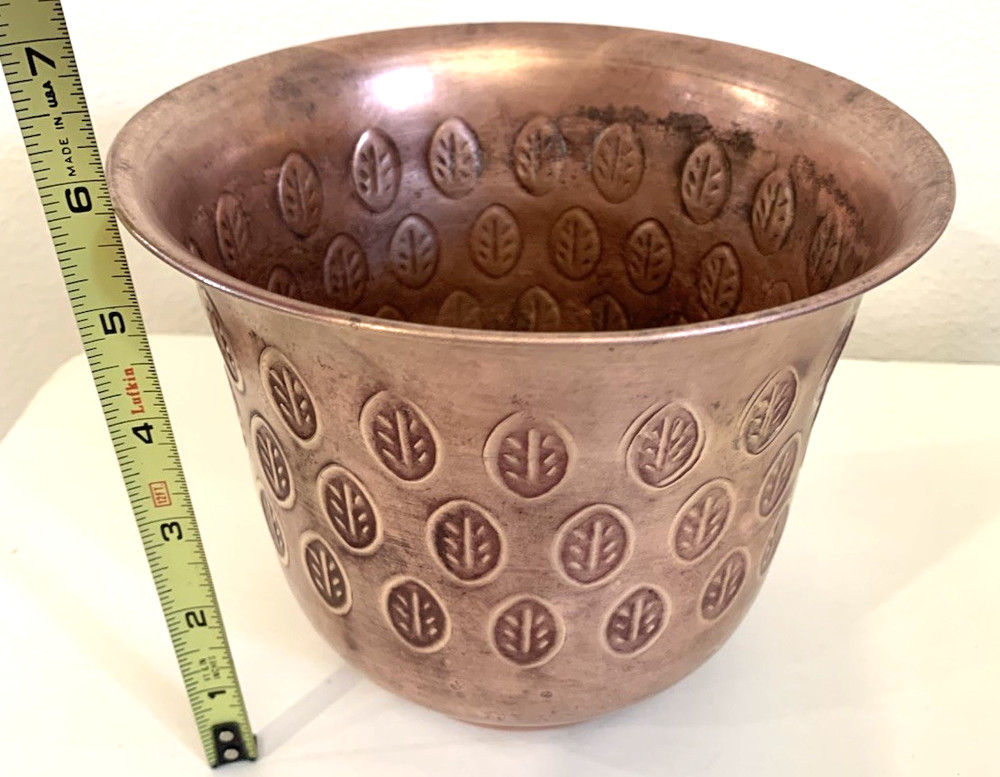 Antique Solid Copper Flower Planter With Stamped Leaf Design 6”