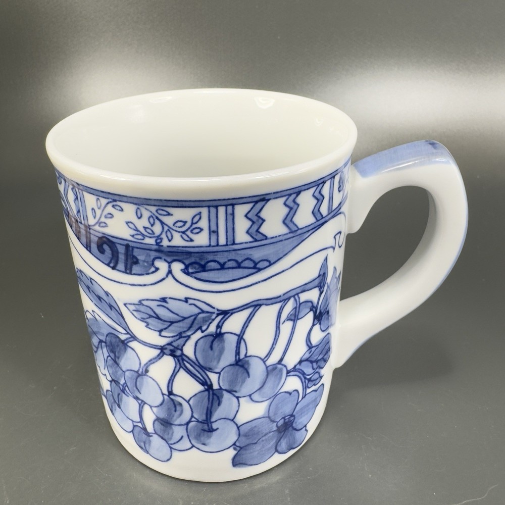1995 Jardin Blue Cardinal Ceramic Coffee Mug Cup Set 2 Blue White Fruit Cherry