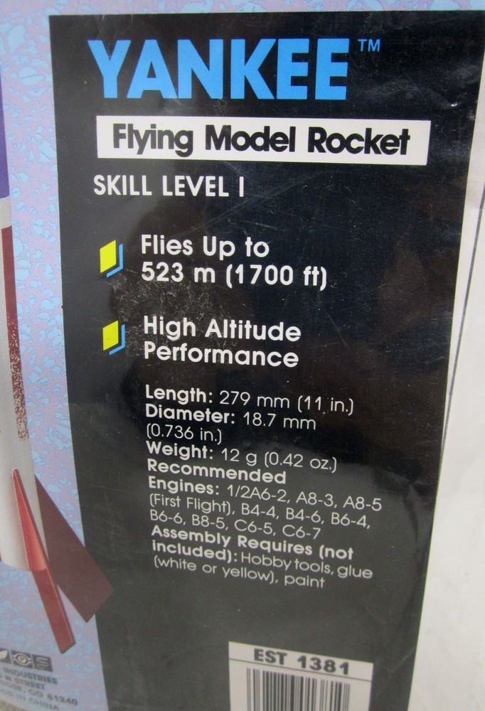Estes Yankee Flying Model Rocket Kit - #1381- New & Sealed
