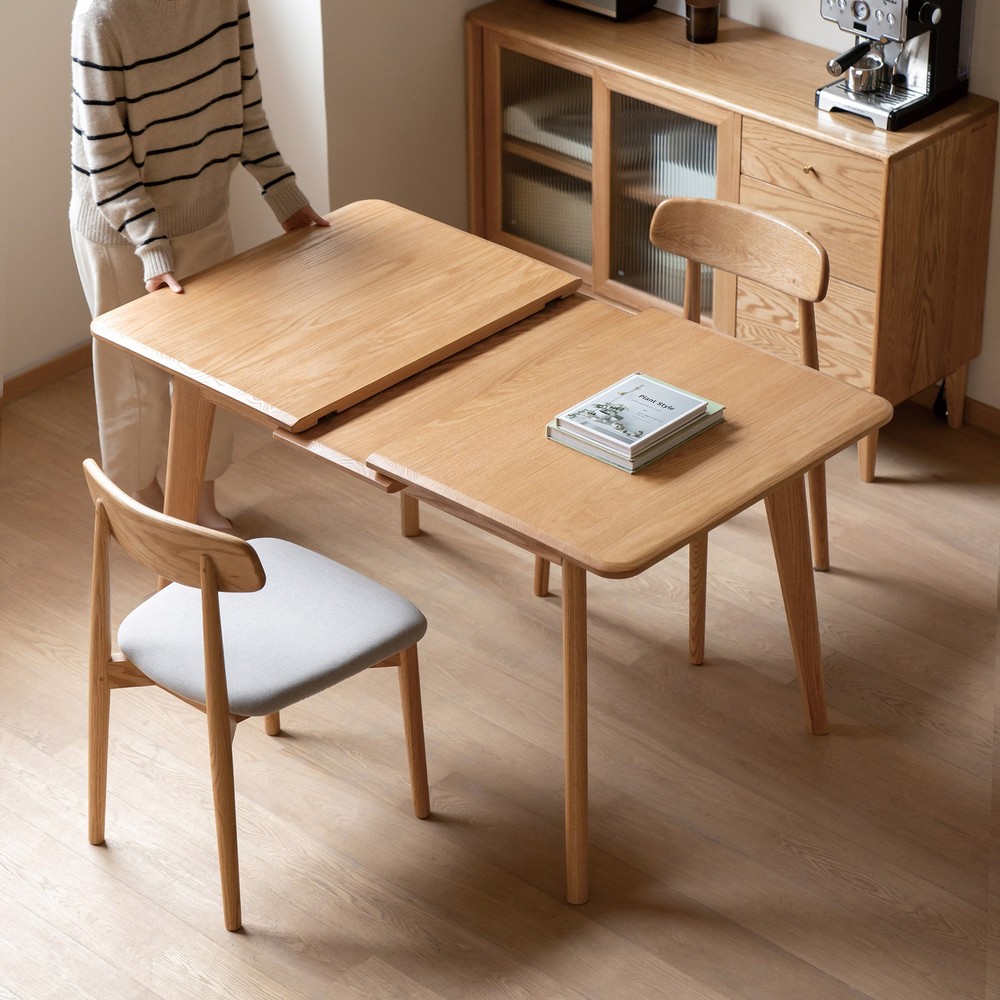 Natural Solid Oak Round Corner Diagonal Leg Telescopic Table Extending Dining