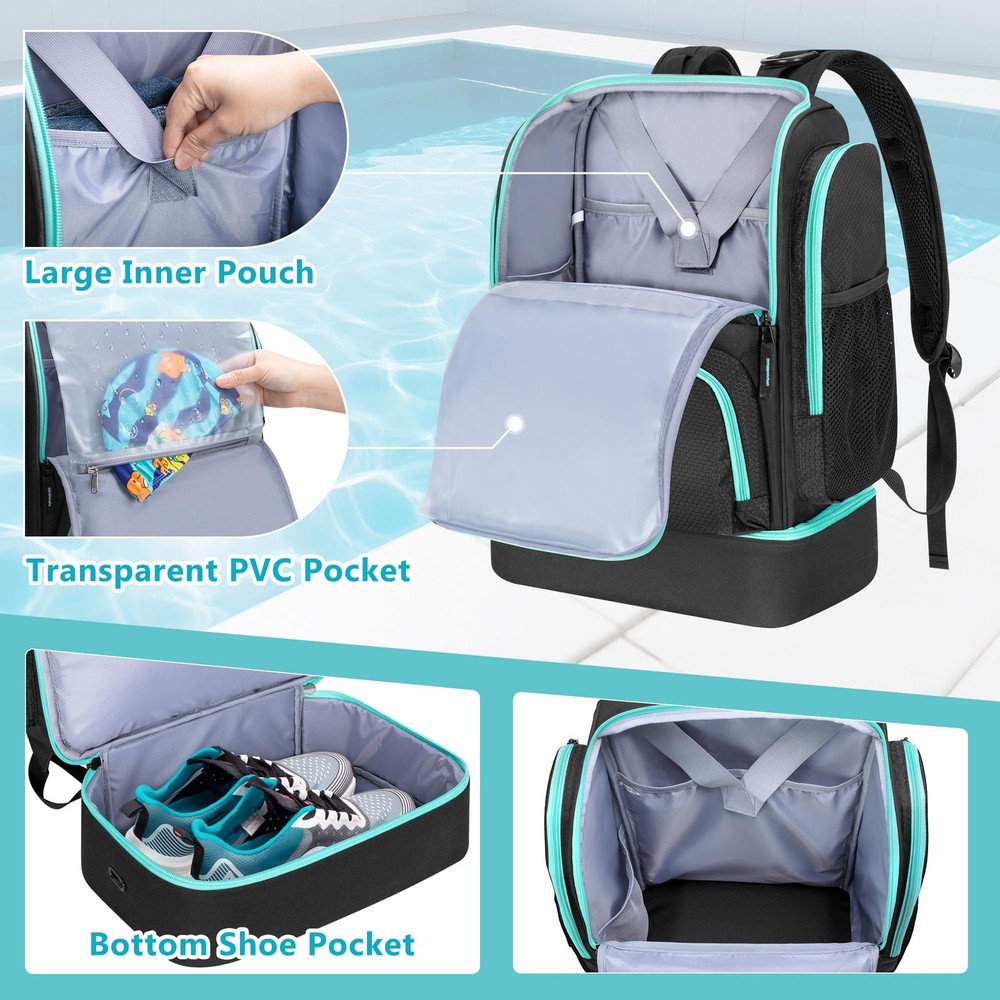 Black Swim Bag Backpack Swimmers Shoe Compartment Multiple Pockets Gear