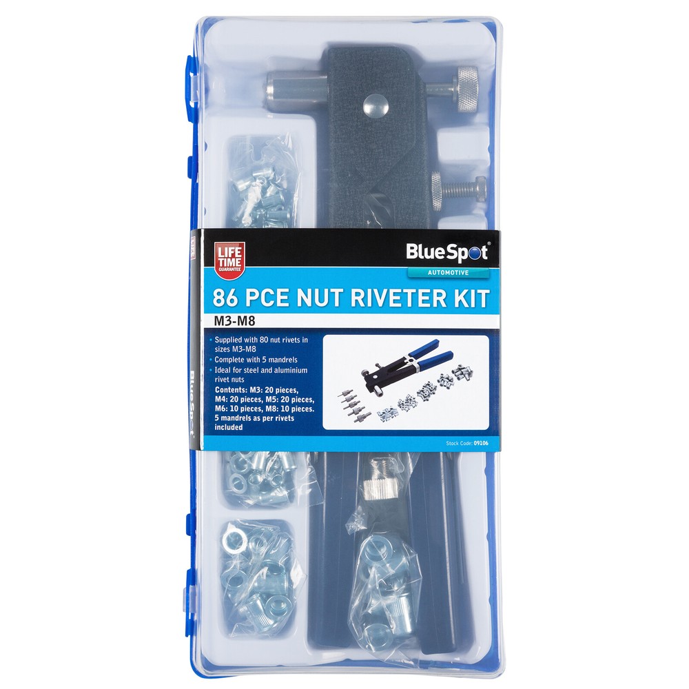 BlueSpot Nut Riveter Kit 86pc M3-M8 Storage Case Threaded Rivnut Insert Tool Set