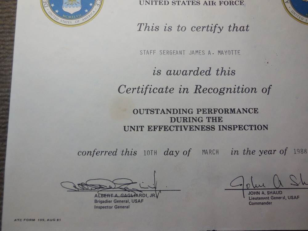 1988 USAF Air Training Command Certificate Of Recognition Unit Inspection