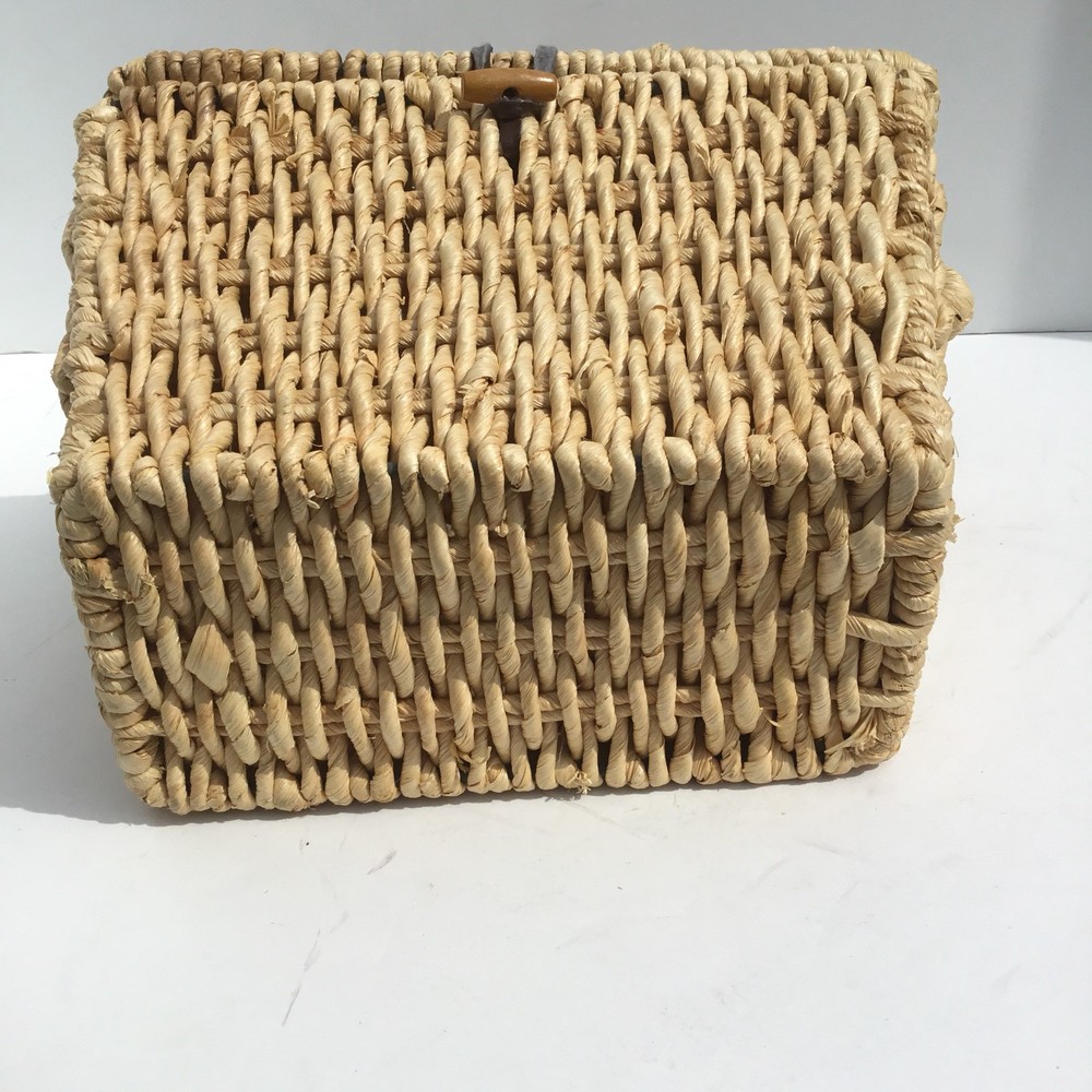 Basket Woven Raffia Square Metal Handle Lidded With Button Latch 10” Across