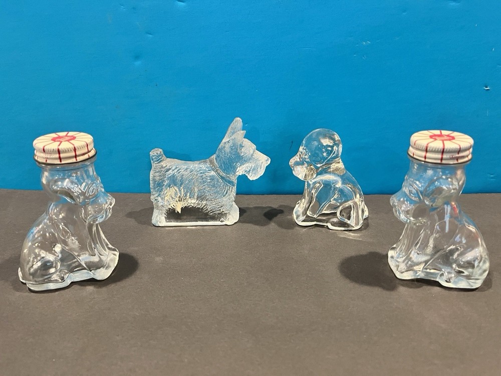 4 Vintage Glass Dog Candy Containers.