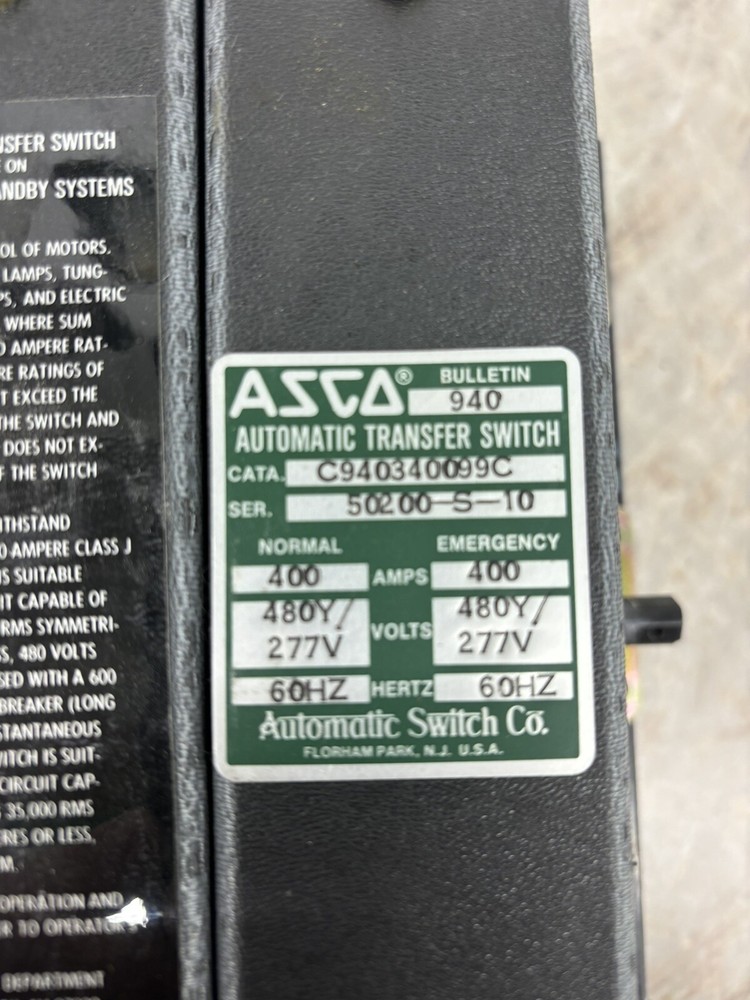 ASCO 400 Amp Automatic Transfer Switch 480 Volt Contactor Only