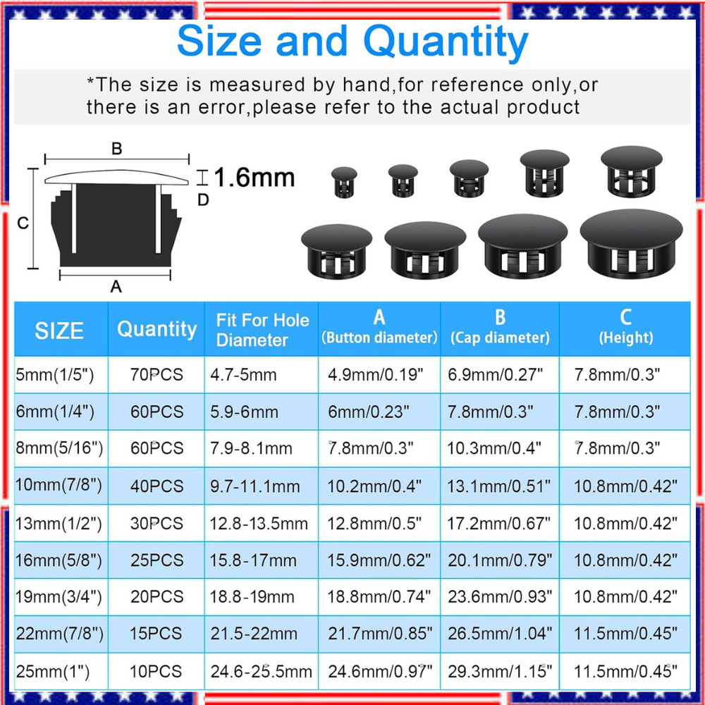 200Pcs 9 Sizes Nylon Plastic Hole Plugs Black Round Drill Hole, Flush Type Panel
