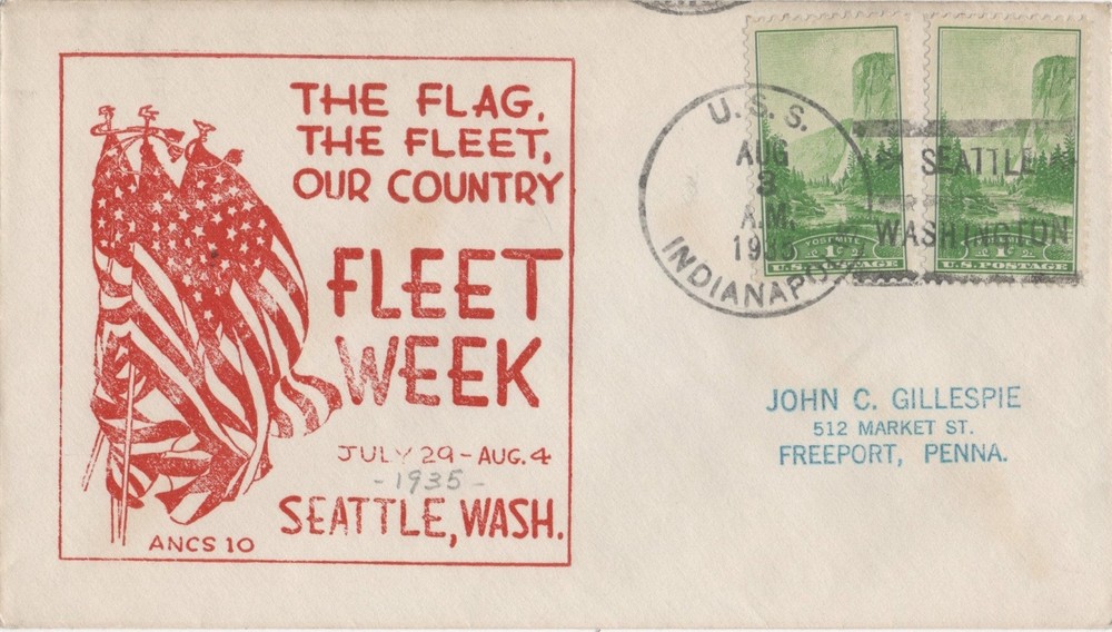 ☆ USS INDIANAPOLIS CA-35 SHIP NAVAL COVER FLEET WEEK DATED AUGUST 3, 1935 ☆