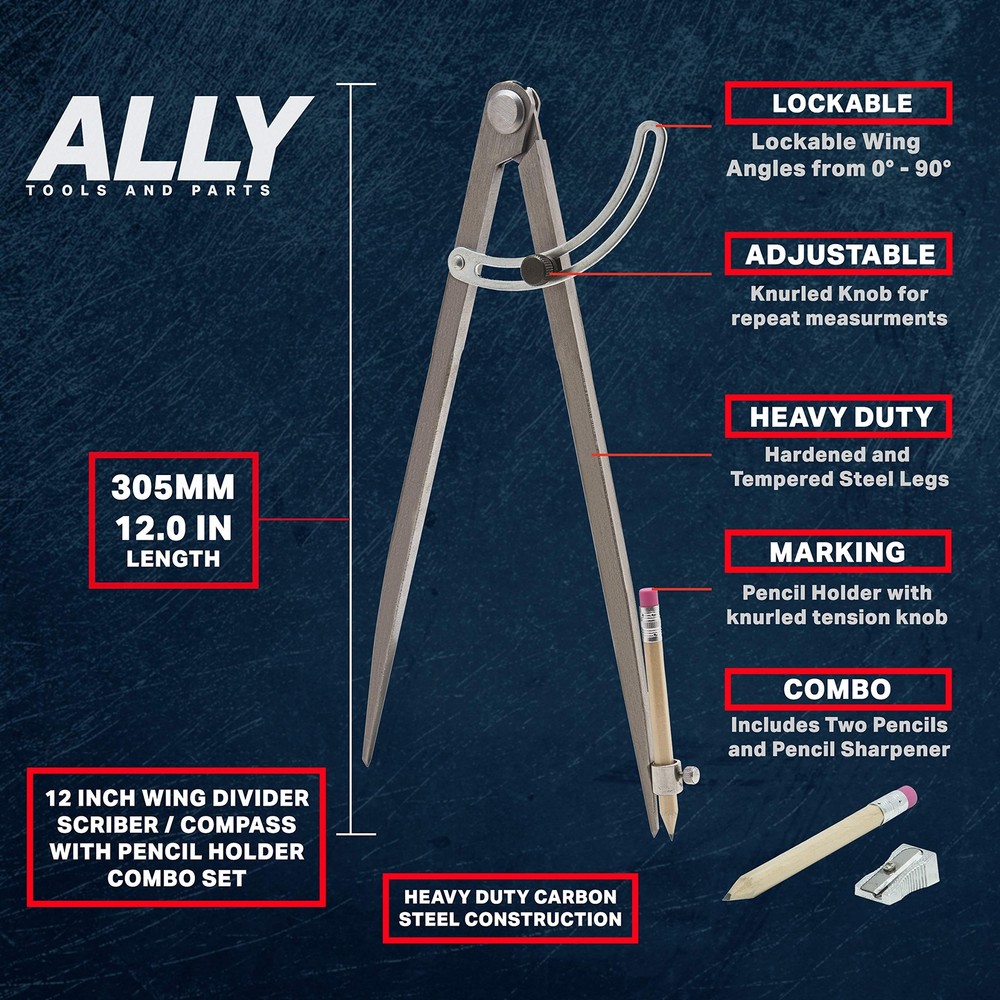 ALLY Tools 12 Inch Precision Locking Wing Divider/Woodworking Compass with Pe...
