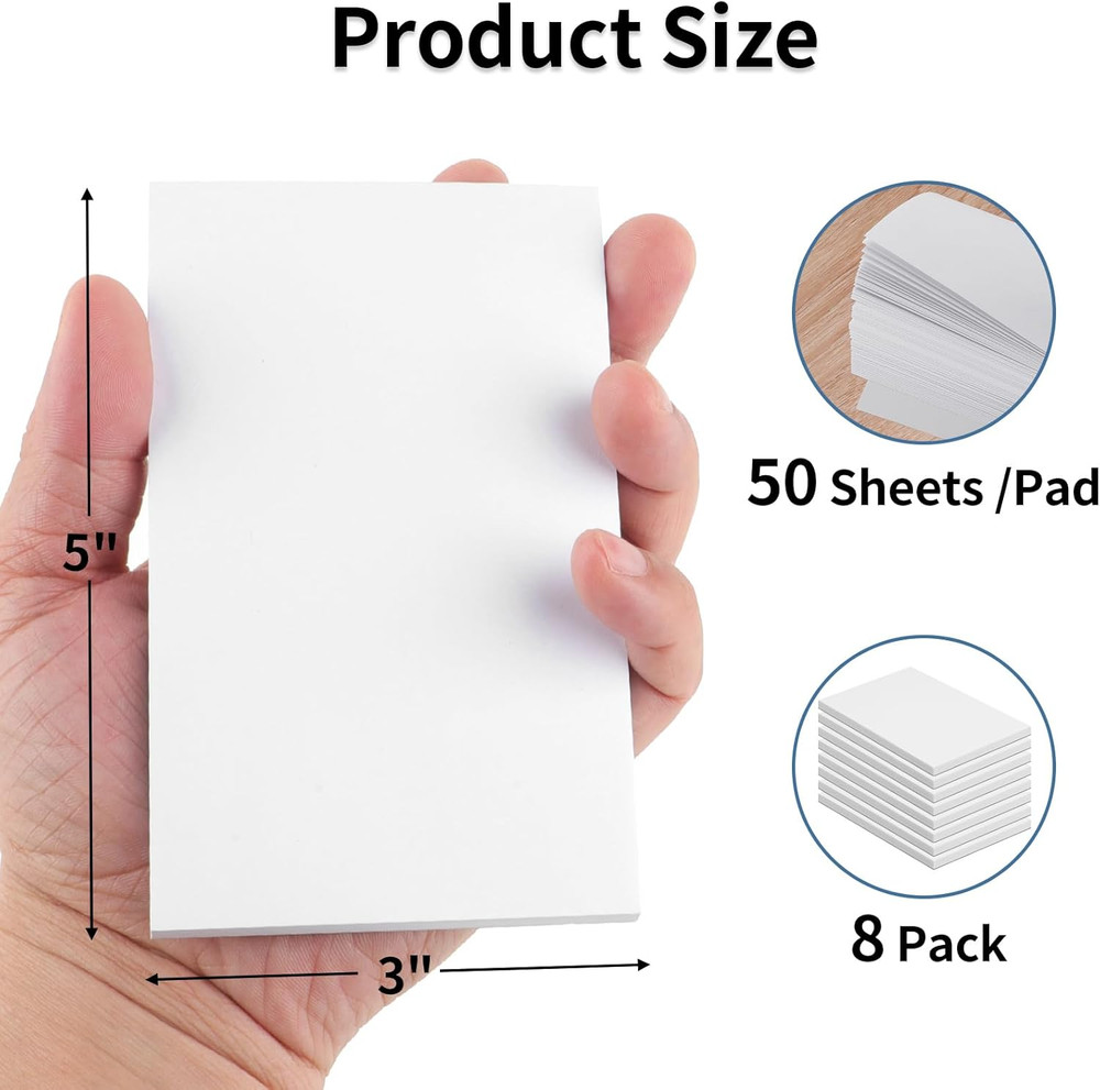 Note Pads 3X5 In, 8 Pack Blank Notepad, White Scratch Pads for Writing, 50 Sheet