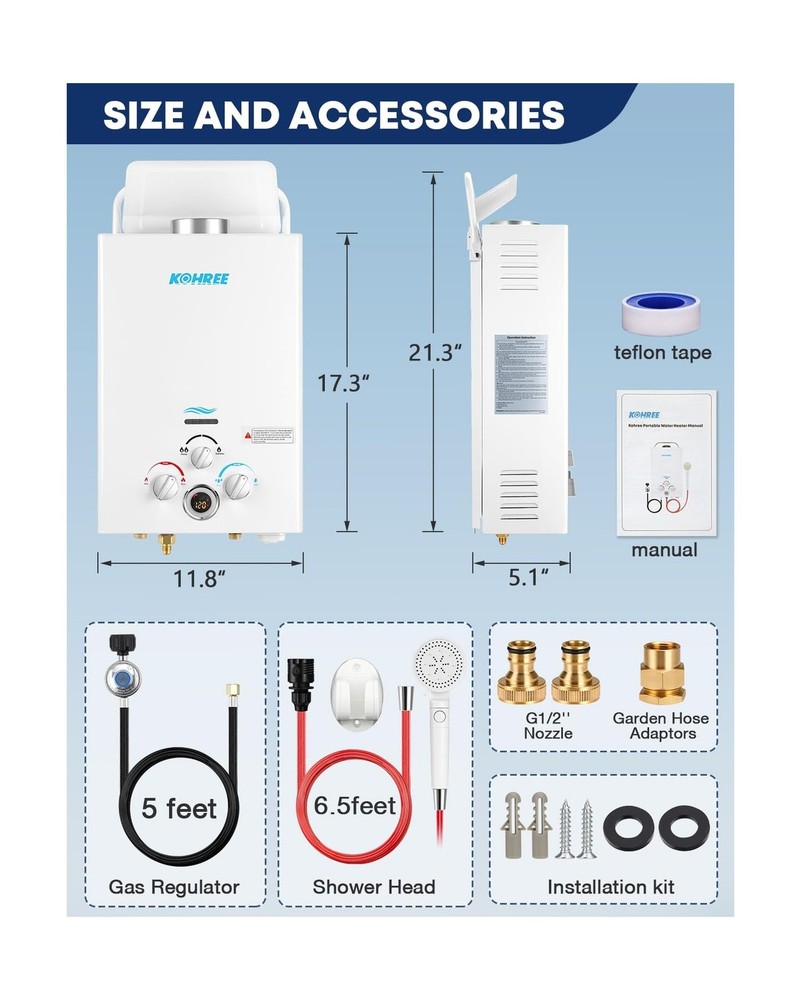 Kohree Tankless Water Heater Propane, 6L 1.58 GPM Portable Tankless Water Hea...