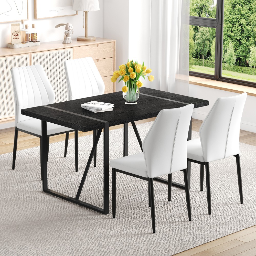 Black Wood Grain Rectangular Dining Table Set w/ 4 PU Chairs Modern