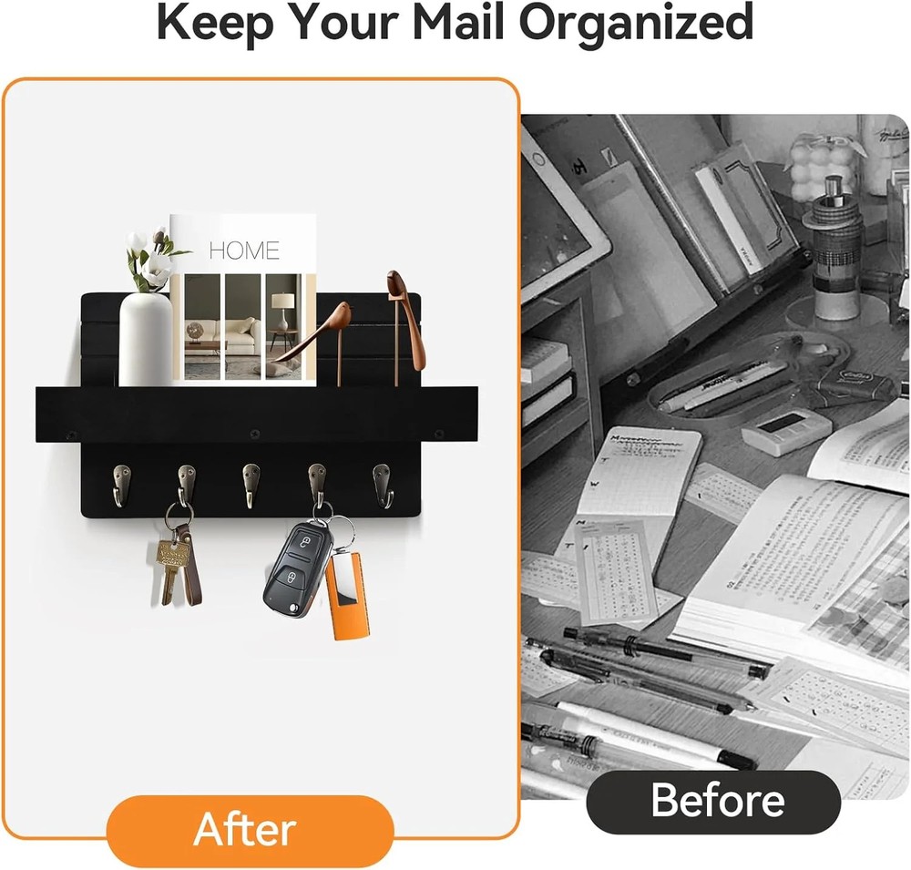 Key Holder Wall Mount, Rustic Key Hooks for Wall with Shelf for Mail Organizer,