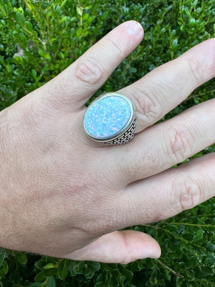 Real 925 Sterling Silver Lab Created White Fire Opal Gem Stone Ring Large Mens