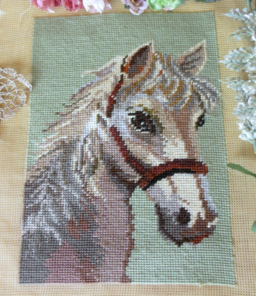 Vivid White Horse Head Hand Crafted Completed Needlepoint Canvas Tapestry