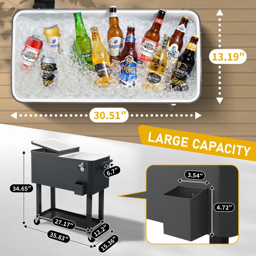 80QT Rectangular Plastic Box, Iron Foot Tube Insulation Cart, Dark Grey