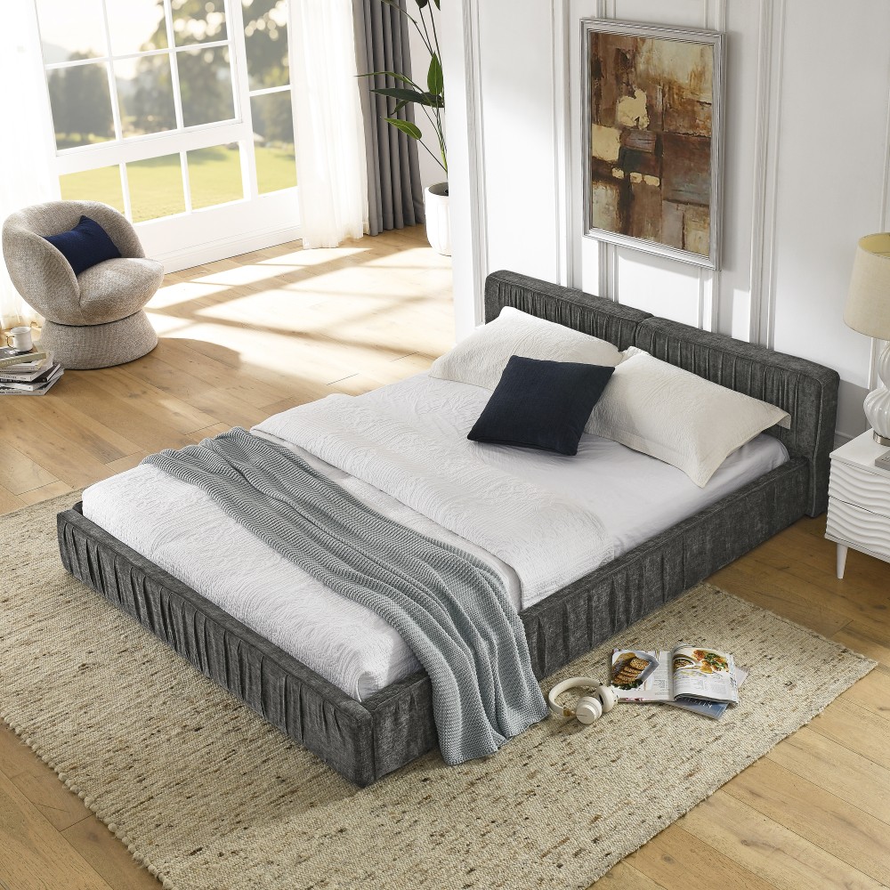 Queen Upholstered Bed Frame w/ Headboard & Platform Base, Beige