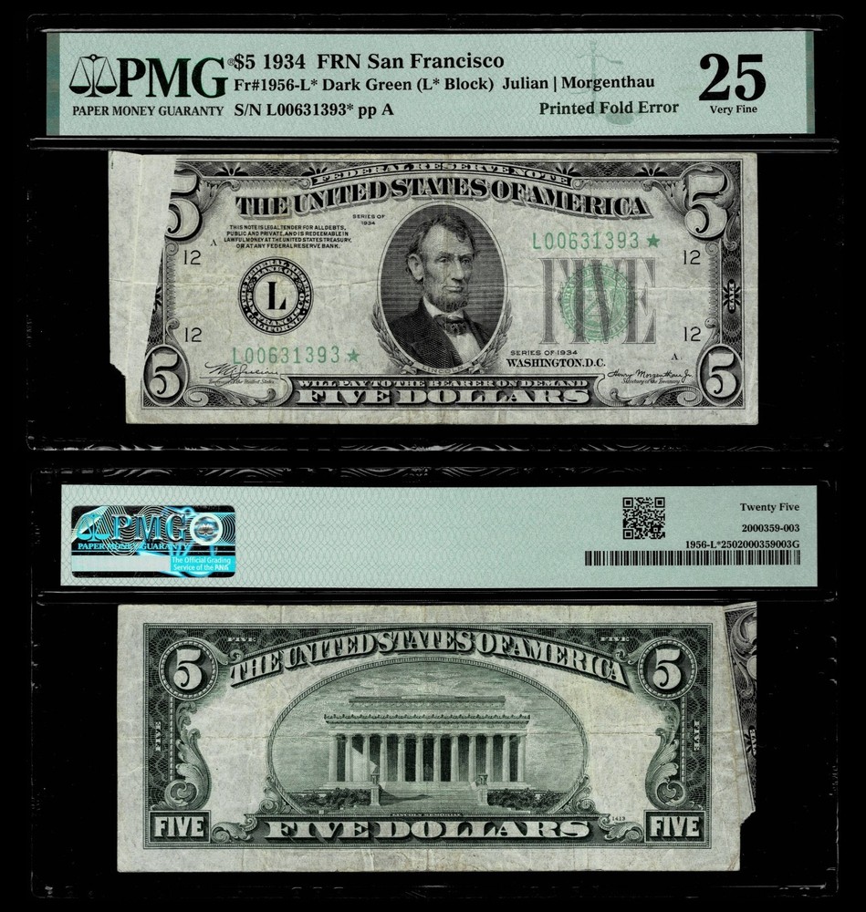 PRINTED FOLD ERROR $5 1934 FR NOTE  FR.#1956-L*  **STAR NOTE** PMG VF25
