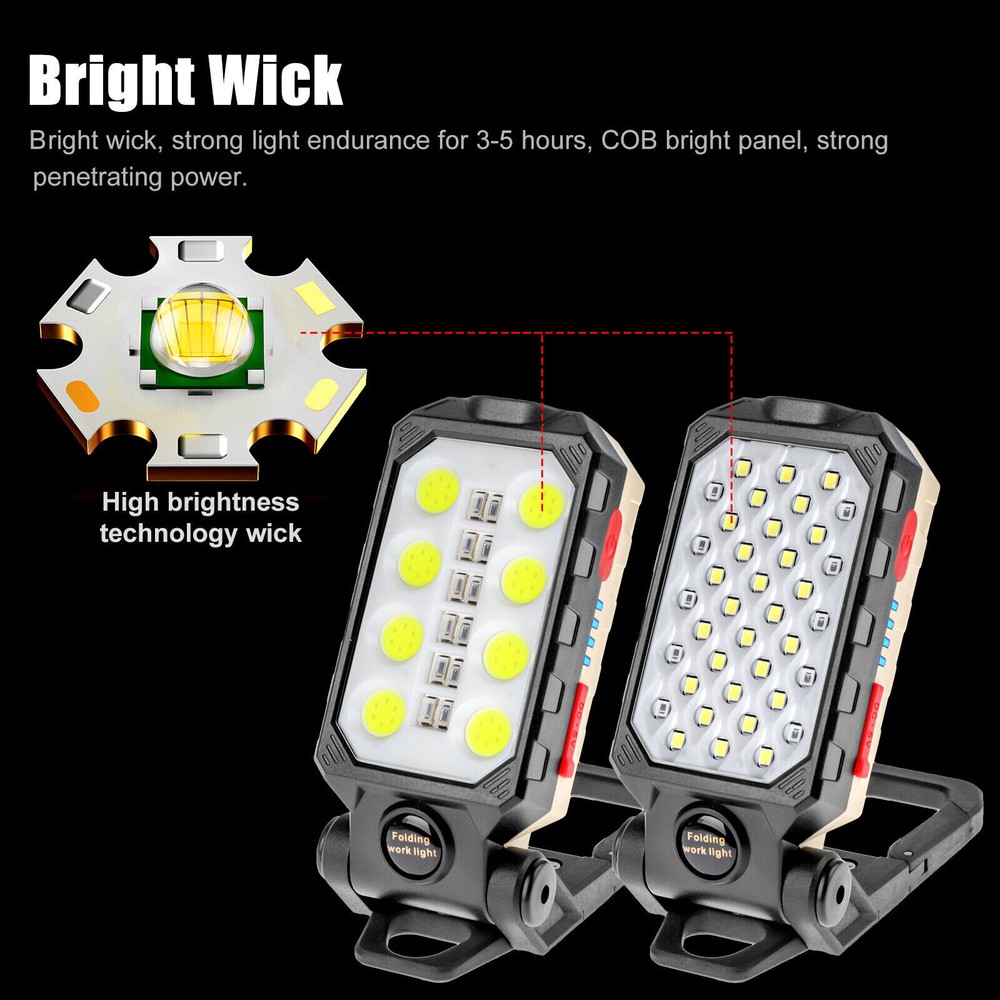 LED Work Light Flashlight Magnetic USB Rechargeable COB Camping Lamp with Hook