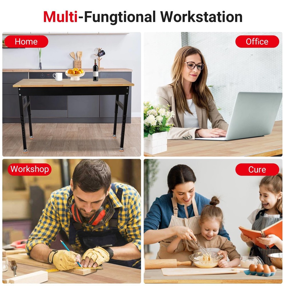 60" Adjustable Workbench w/ Drawer, Work Table w/ Power Outlet for Garage Office
