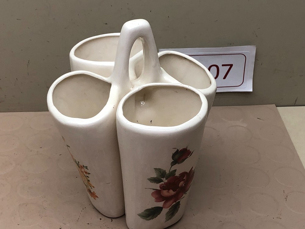 Vintage Ceramic Basket Planter/Vase 4 Sections w/ Flowers