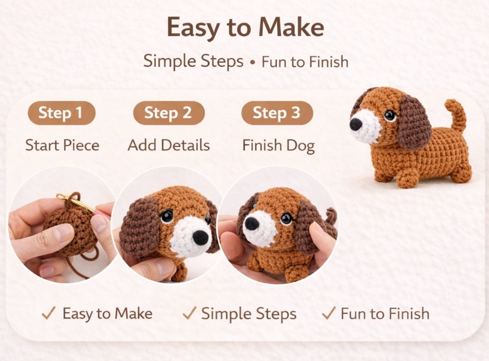 Beginner Crochet Kit 2 Dachshund Dog DIY Set with Step-by-Step Video Tutorial