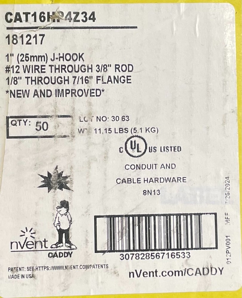 🧰 CAT16HP4Z34 1" J-Hook with Multi-Function Clip – 50 Pack (Caddy / nVent)