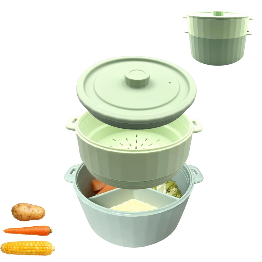 2-Tier Silicone Microwave Steamer, Divided Compartments with Lid, Stackable F...