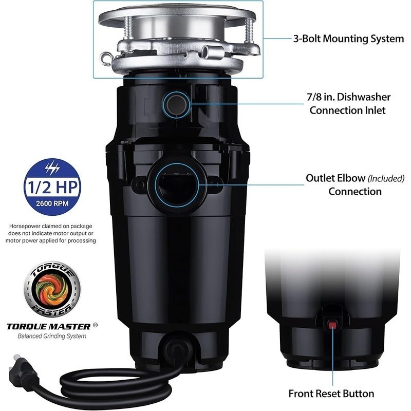 Compact 1/2 HP Garbage Disposal Continuous Feed Torque Master Grinding System US