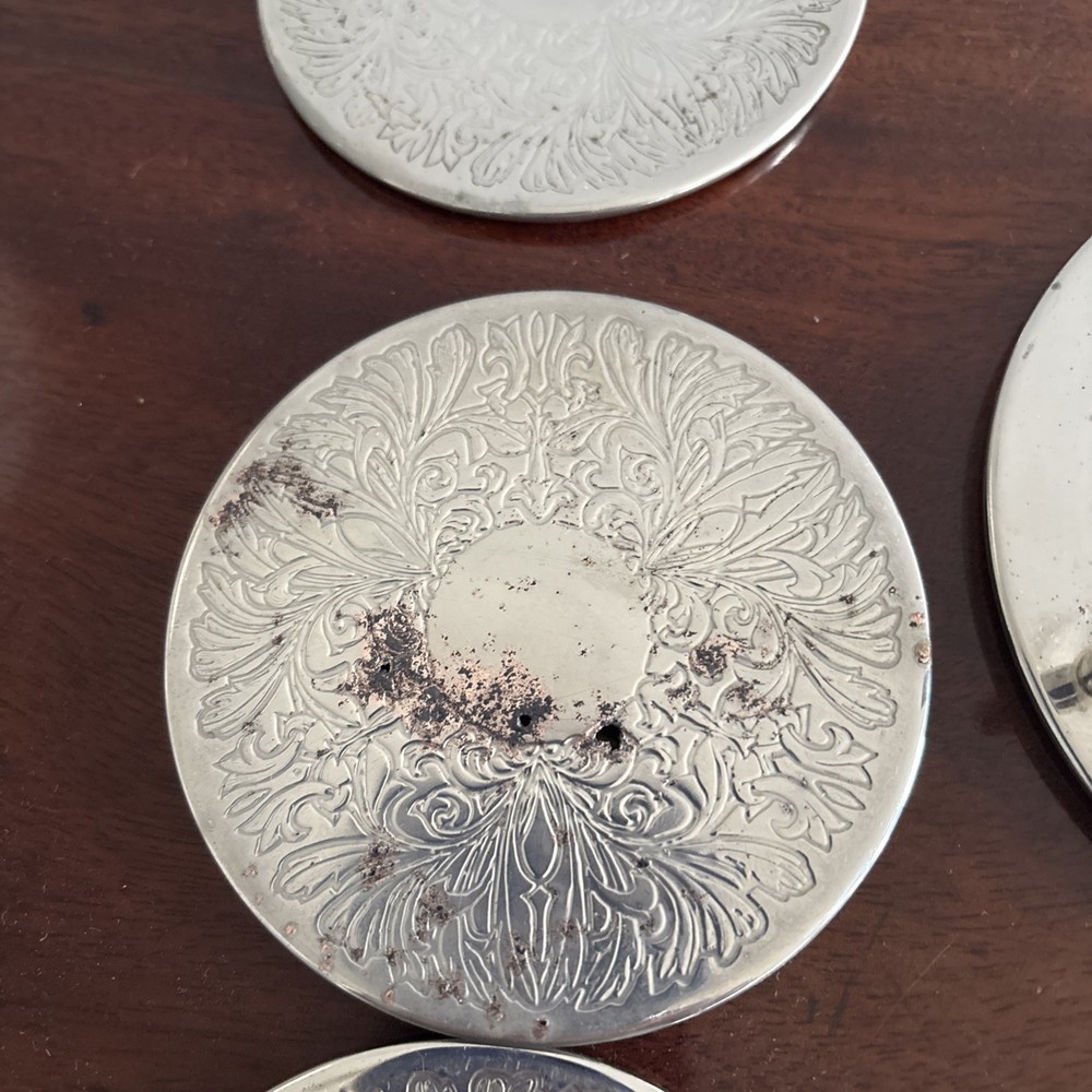 Vintage Silver Plated Coaster Set 6 Piece With Holder Engraved Tableware