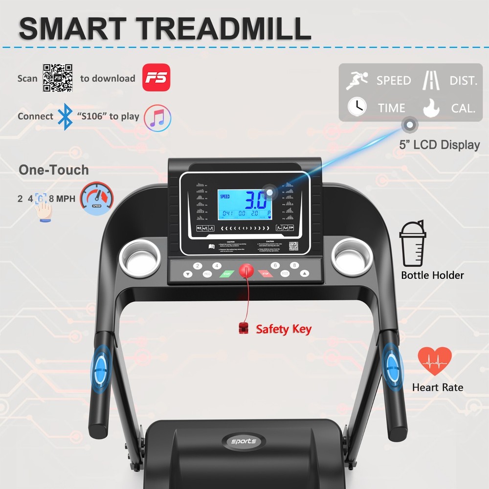Folding Treadmill Electric Running Jogging Machine 5''LCD Display w/ Bluetooth