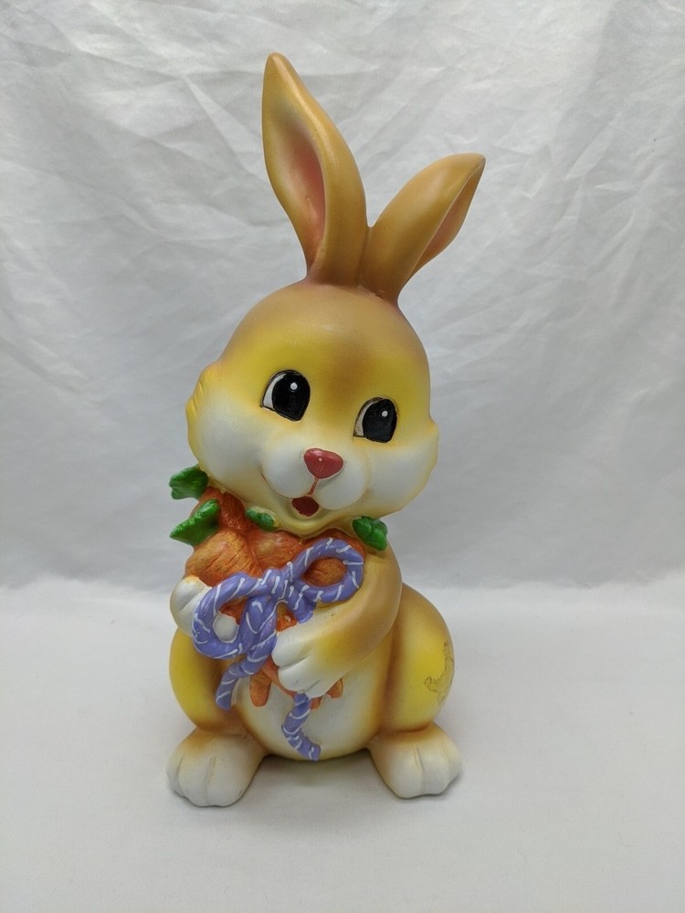 Vintage Ceramic Yellow Easter Bunny Holding Carrots 11"