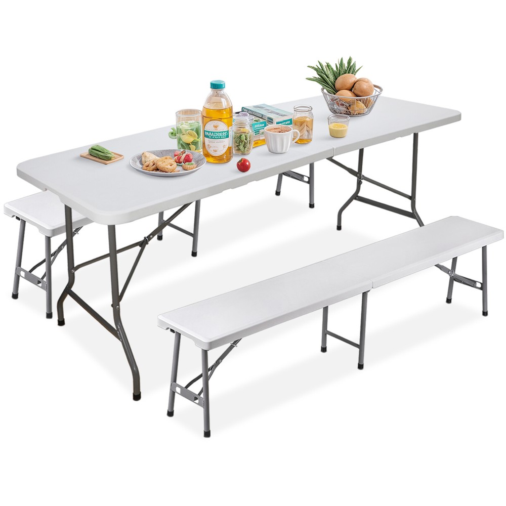 Folding Table Picnic Table Set 6 ft Camping Table with 2 Benches Indoor/Outdoor