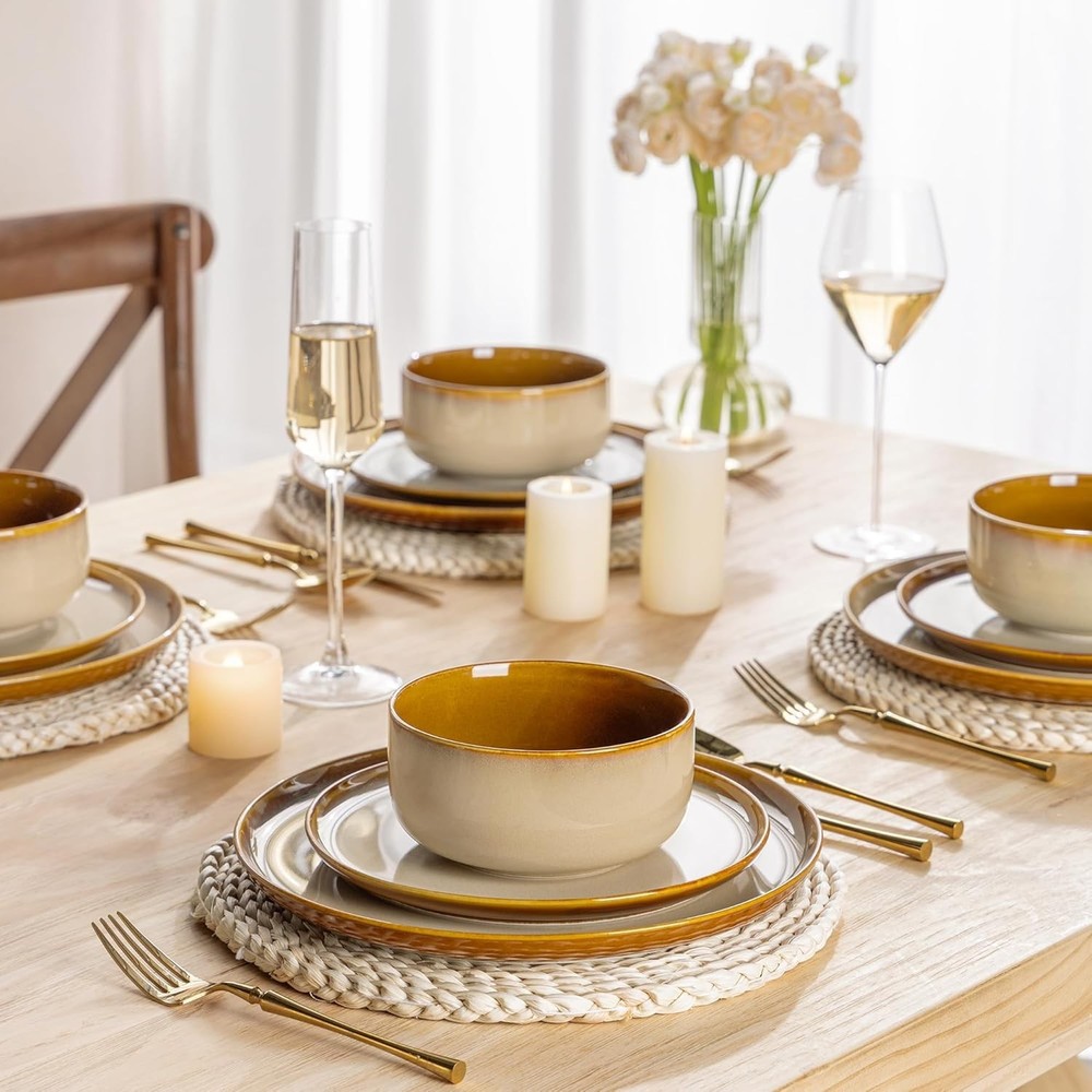 LERATIO Ceramic Dinnerware Sets for Service 8 （24pcs）, Modern-Kahki